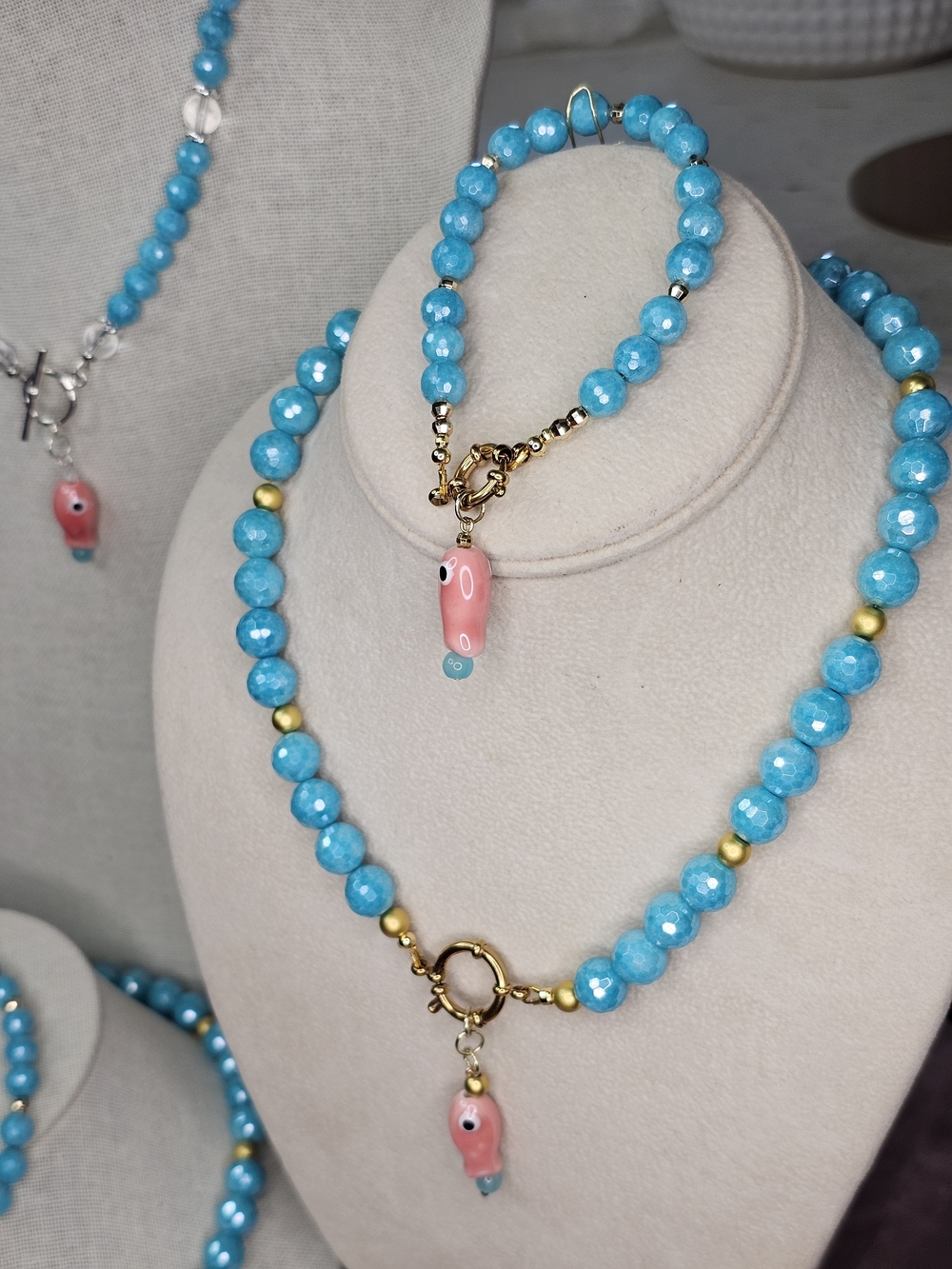 NEW Mystic Amazonite  Necklace & Bracelet w/Pink EVIL EYE FISH Charm